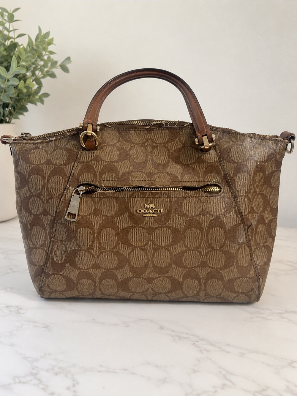 Coach Brown Signature Canvas Satchel with Gold Hardware